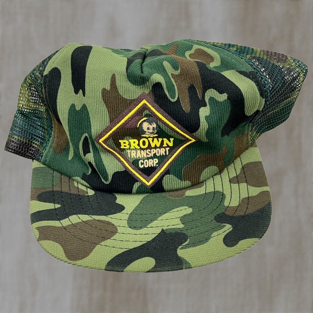 Vintage VINTAGE Brown Transport Trucker Hat Cap SnapBack Green Camo 90s USA Trucking Mens Hats Size ONE SIZE - 1 Thumbnail