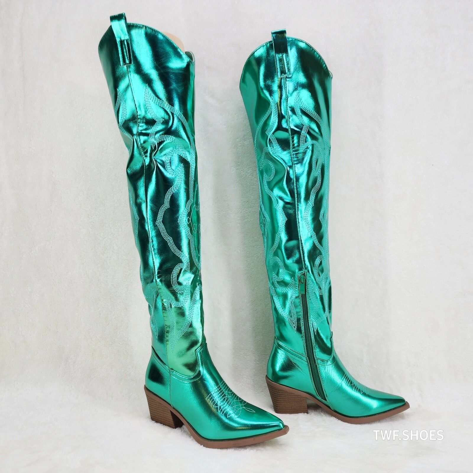 Other Country Disco Cowboy Metallic Green Western Cowgirl OTK Thig Size US 8.5 / IT 38.5 - 8 Thumbnail
