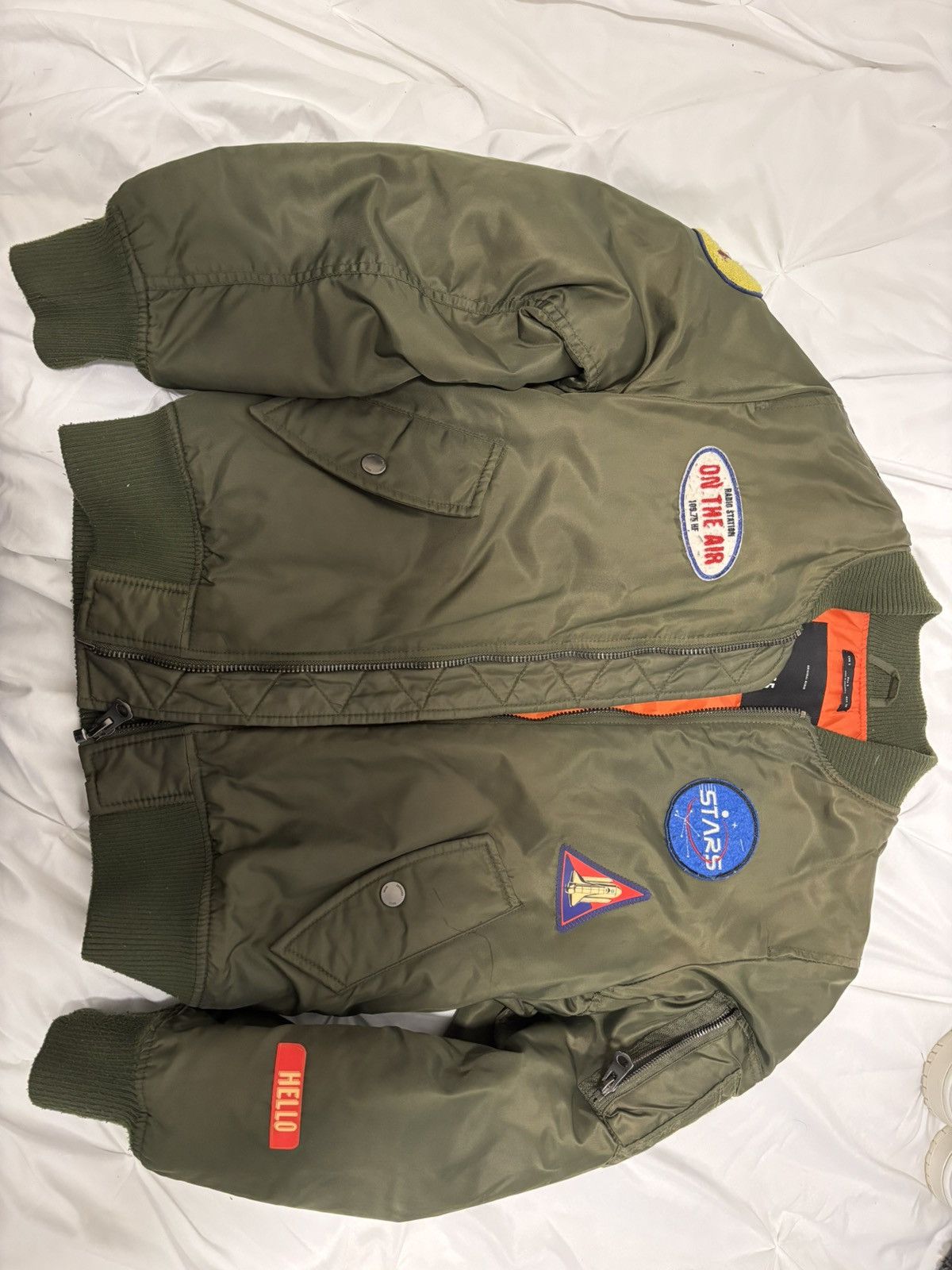 Zara Space Patch Bomber Jacket – Olive Green MA-1 Style – Size S Size US S / EU 44-46 / 1 - 1 Thumbnail