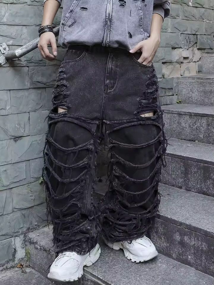 Jean Distressed Hole Hip Hop Washed Trendy Loose Jeans Size US 35 - 1 Thumbnail