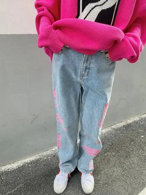 High Sport × Jean Graphic Pink Casual Pants Straight Wide Leg Jeans Size US 34 / EU 50 - 1 Thumbnail
