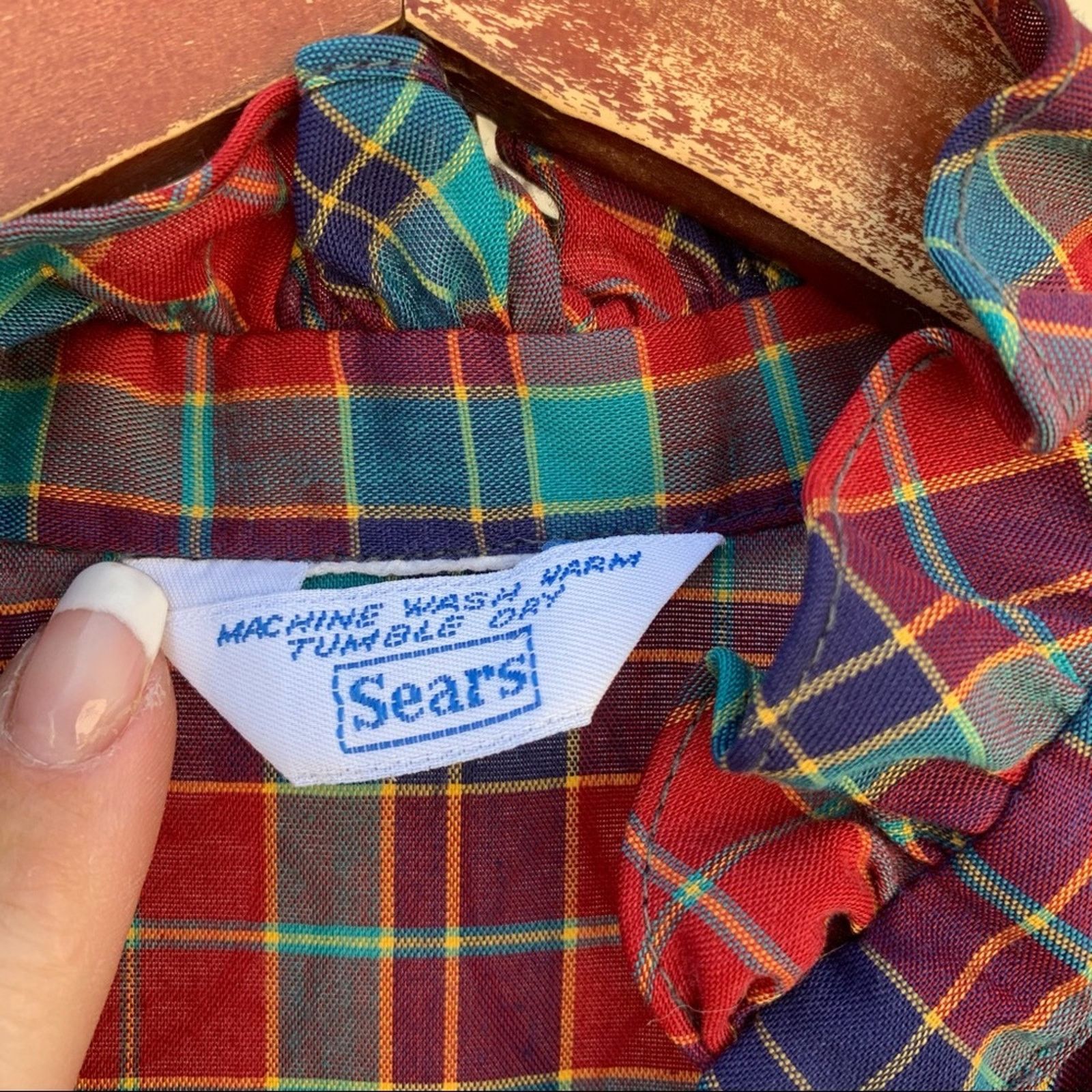 Sears Vintage 70s Sears red blue plaid ruffle blouse MEDIUM? Size M / US 6-8 / IT 42-44 - 4 Thumbnail