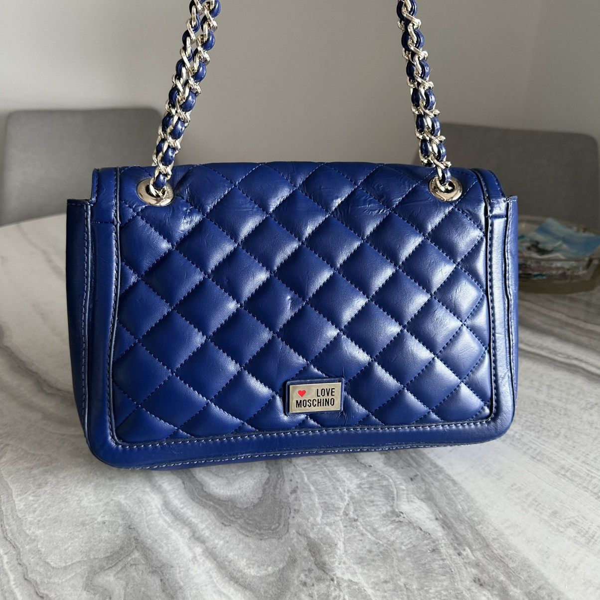 Love Moschino Love Moschino Patent Quilted Blue Faux Leather Shoulder Bag Size ONE SIZE - 4 Thumbnail