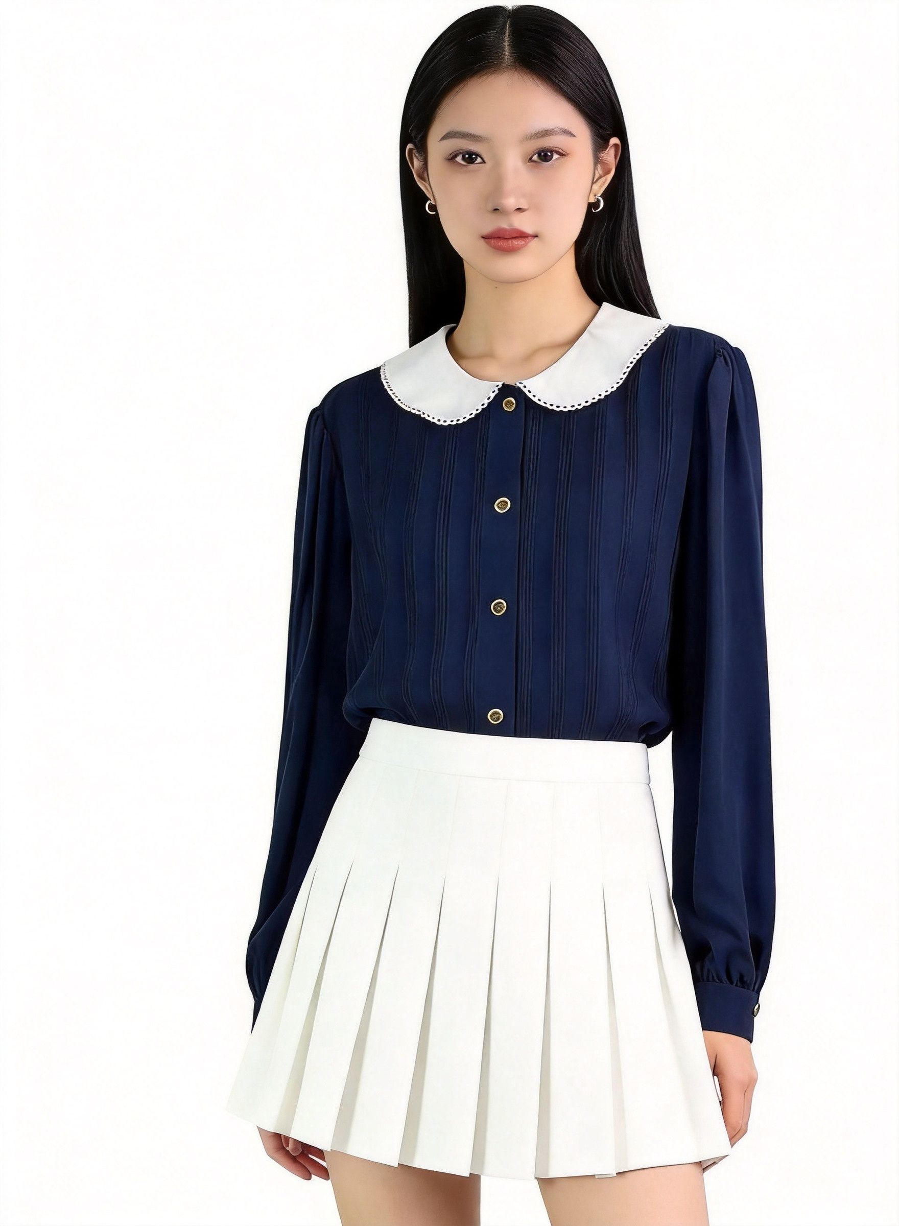 Miumiu Navy Peter Pan Collar Ruffled Shirt/ in Blue, Women's