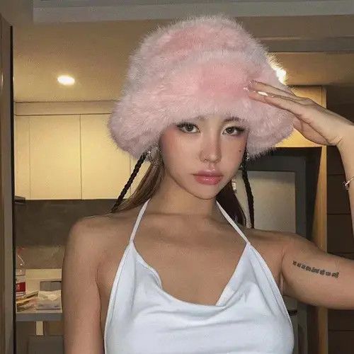 Japanese Brand Hat 2023 y2k Fluffy Faux Fur Bucket Hat Women Rabbit Size ONE SIZE - 3 Thumbnail