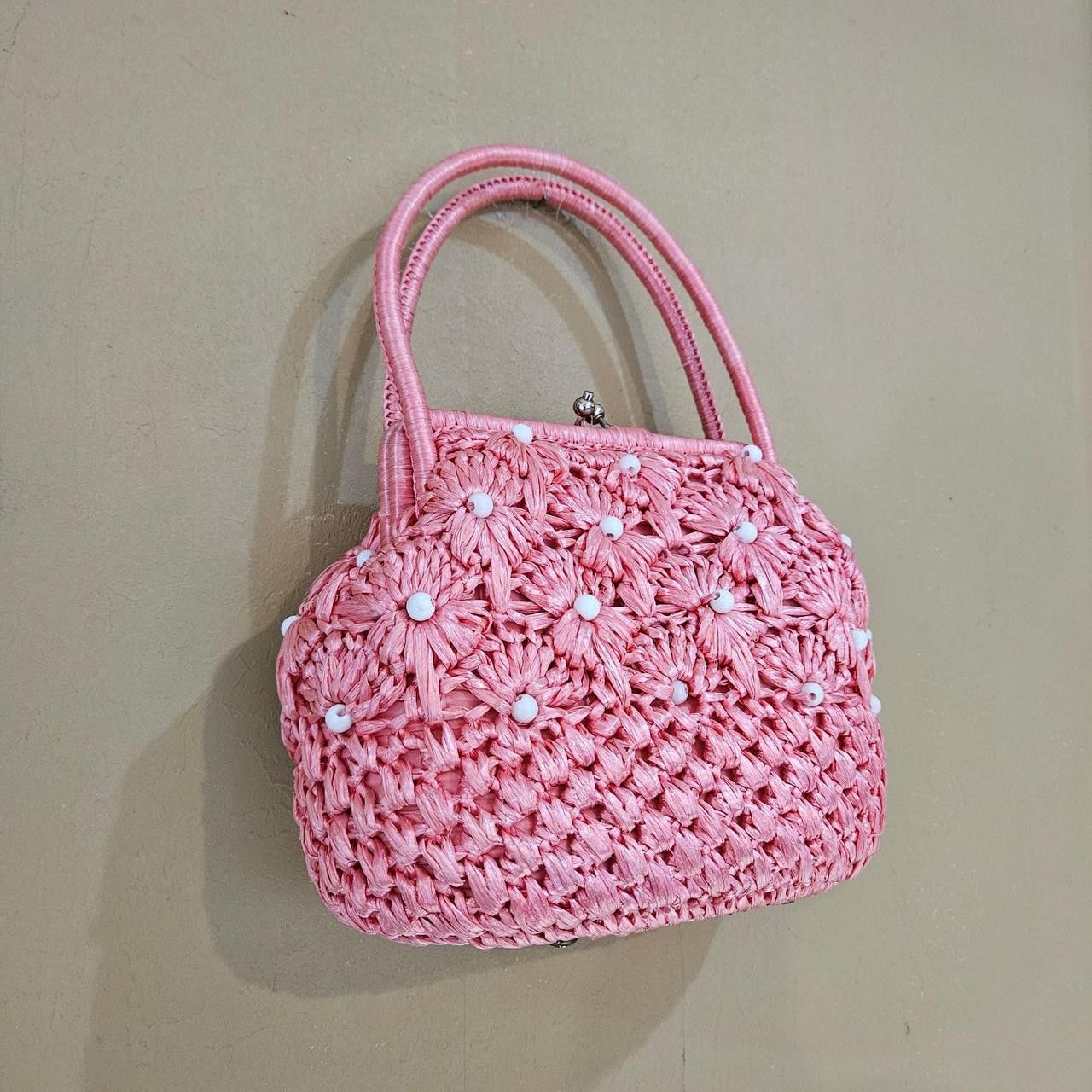 Vintage 50s 60s cottagecore coquette pink white raffia handbag Size ONE SIZE - 6 Thumbnail