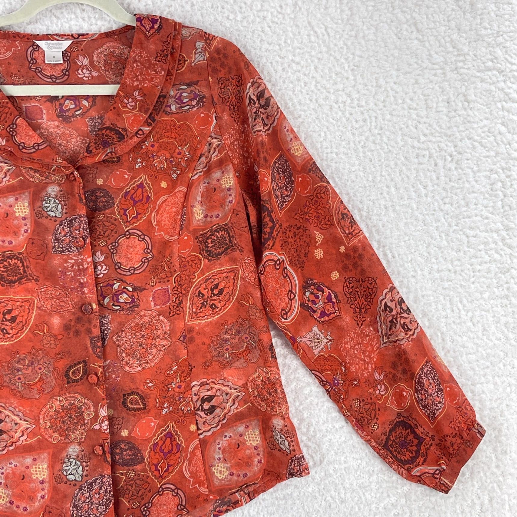 Vintage Christopher & Banks Shirt Womens Small Orange Paisley Sheer Chiffon Button-Front Size S / US 4 / IT 40 - 4 Thumbnail