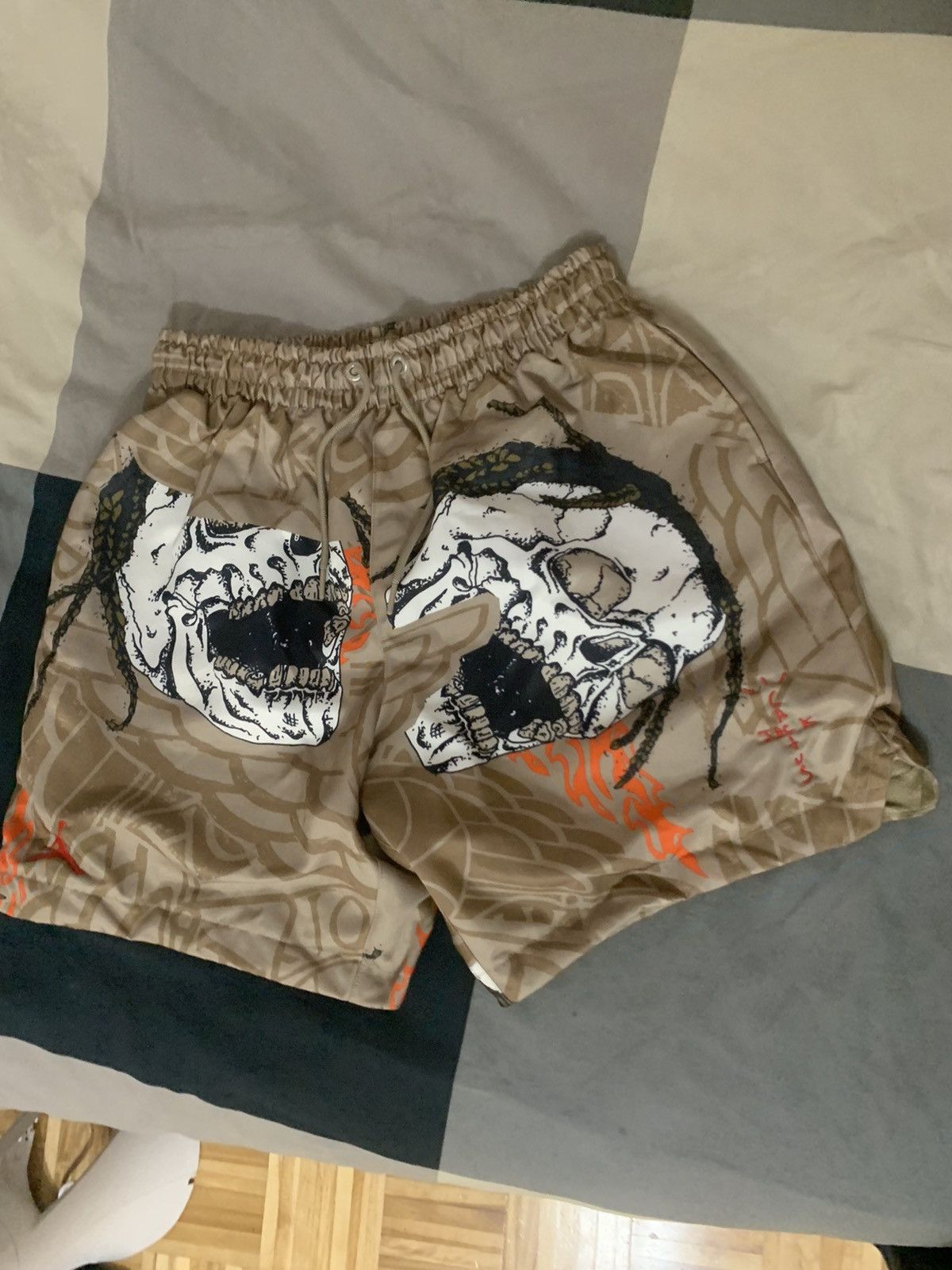 image of Jordan Nike Travis Scott Jordan Khaki Skull Shorts in Beige, Men's (Size 34)