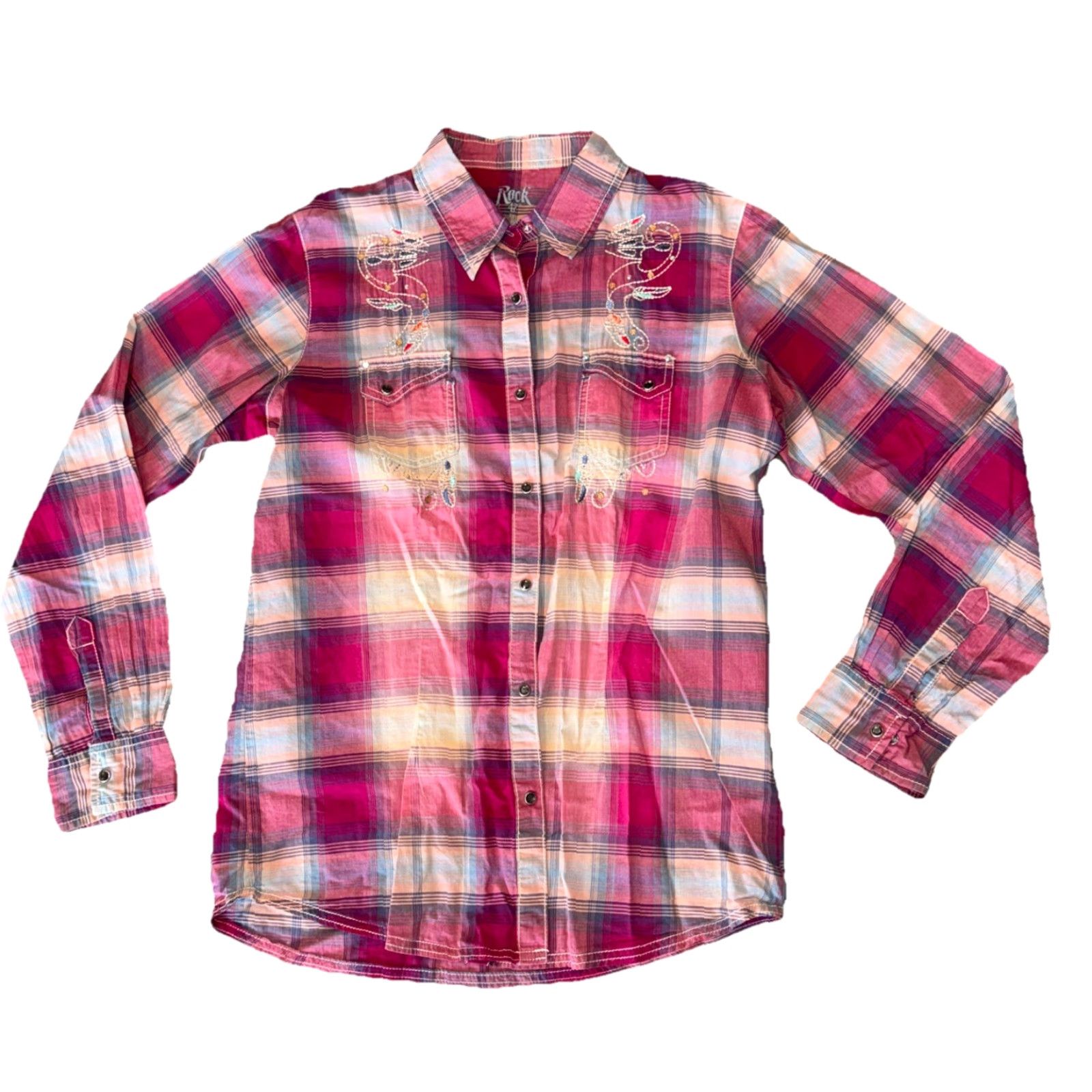 Wrangler Rock 47 By Wrangler Women’s Shirt Cowgirl Rodeo Pink Long Sleeve Size L Stain Size L / US 10 / IT 46 - 2 Thumbnail