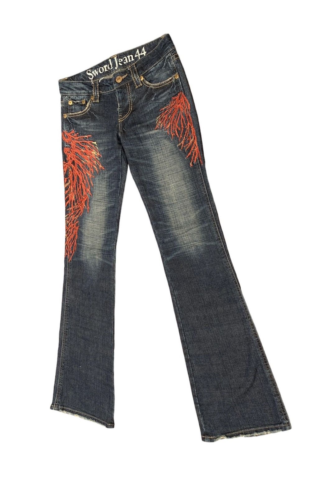 Japanese Brand Rare Sword Jean 44 Peace Embroidered Flare Denim Pants Size US 29 - 3 Thumbnail