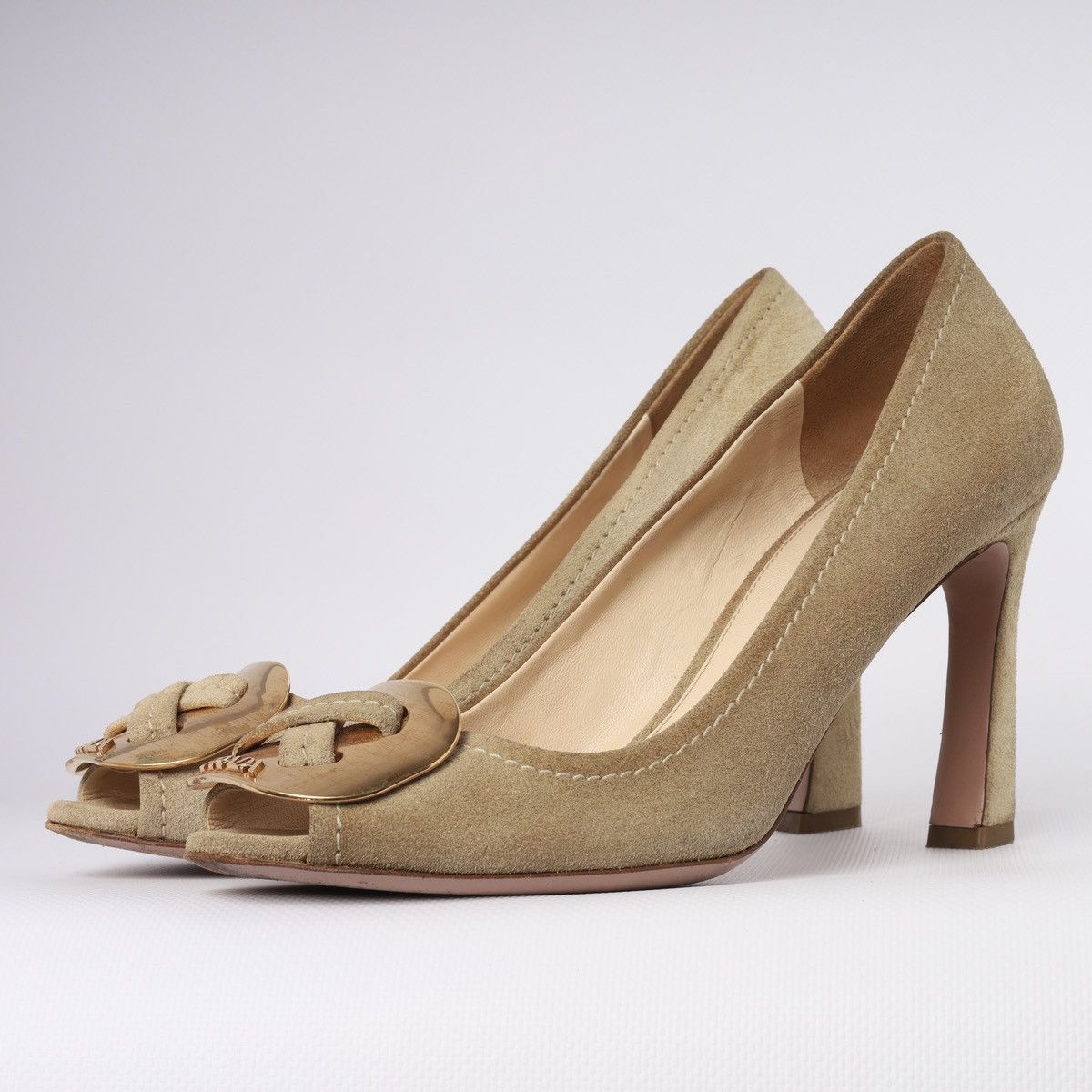 Prada Prada Beige Suede Peep-toe Pumps gold-tone Buckle Block Heel Size US 6.5 / IT 36.5 - 6 Thumbnail