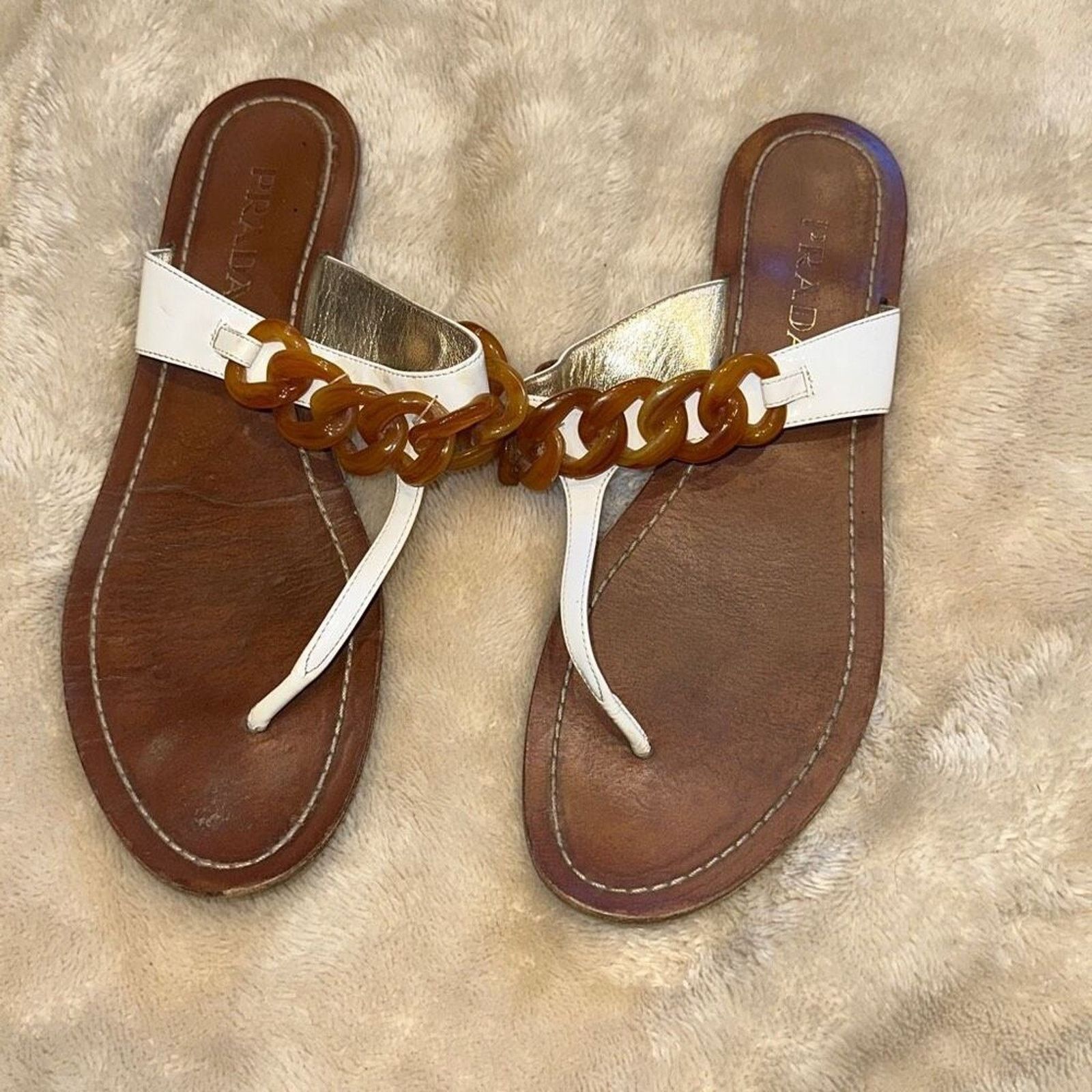 Prada Prada white with tortoise shell chain sandals | Sz 39.5 Size US 9.5 / IT 39.5 - 2 Thumbnail