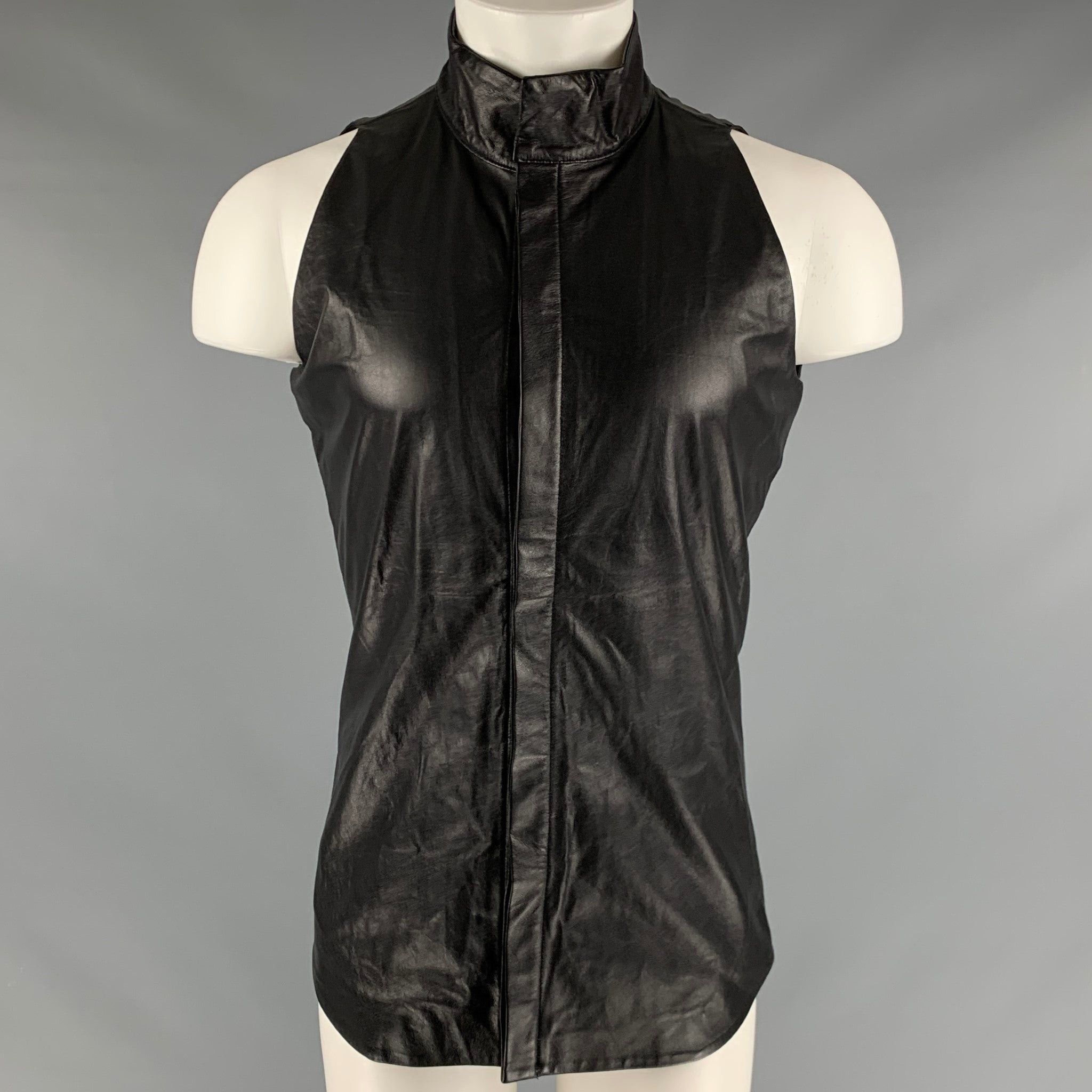 image of Gareth Pugh Black Leather Sleeveless Short Sleeve Shirt, Men's (Size Small)