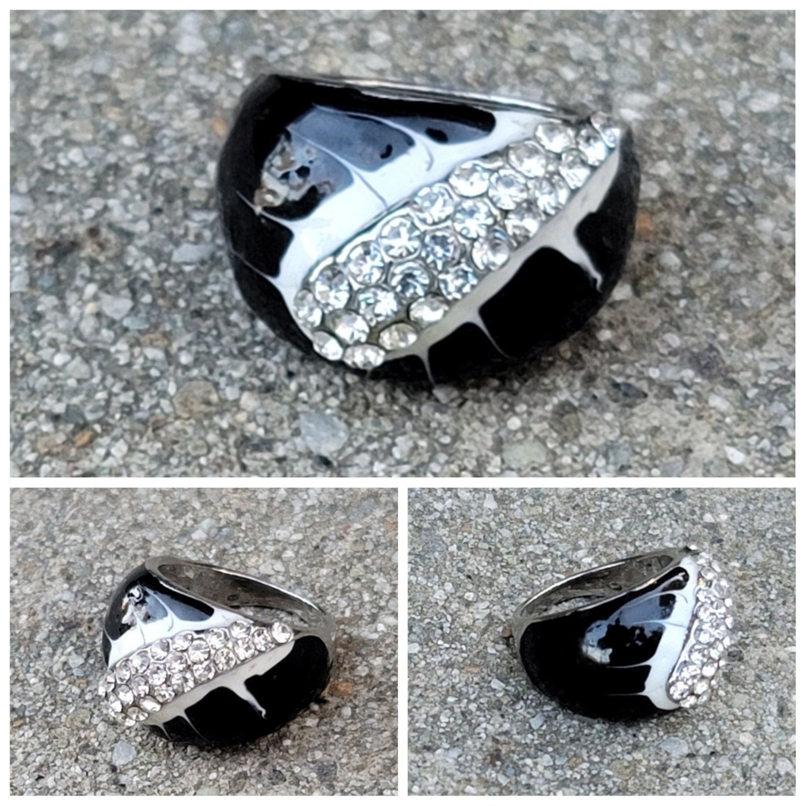 The Unbranded Brand Silver Tone Black Enamel Art Deco Rhinestone Ring Size ONE SIZE - 1 Thumbnail