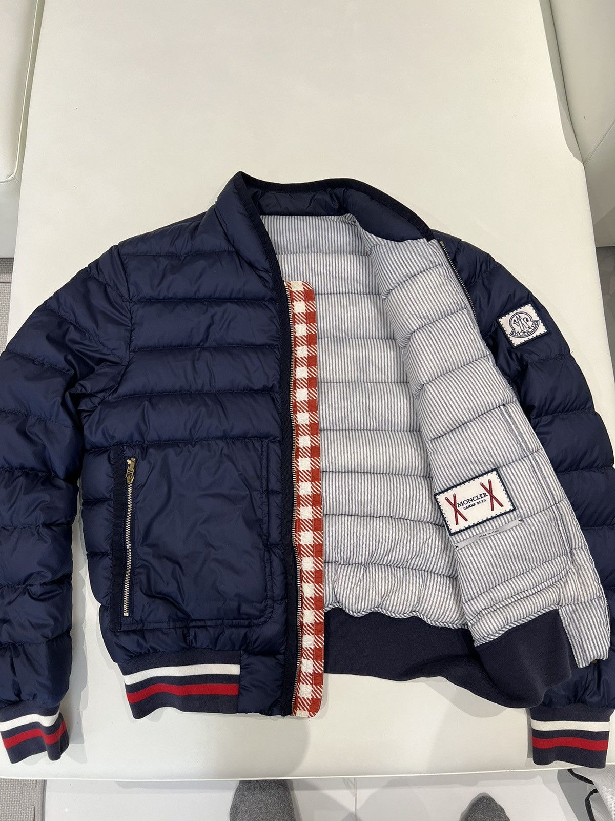 image of Moncler Gamme Bleu Bomber Jacket in Blue, Men's (Size Medium)