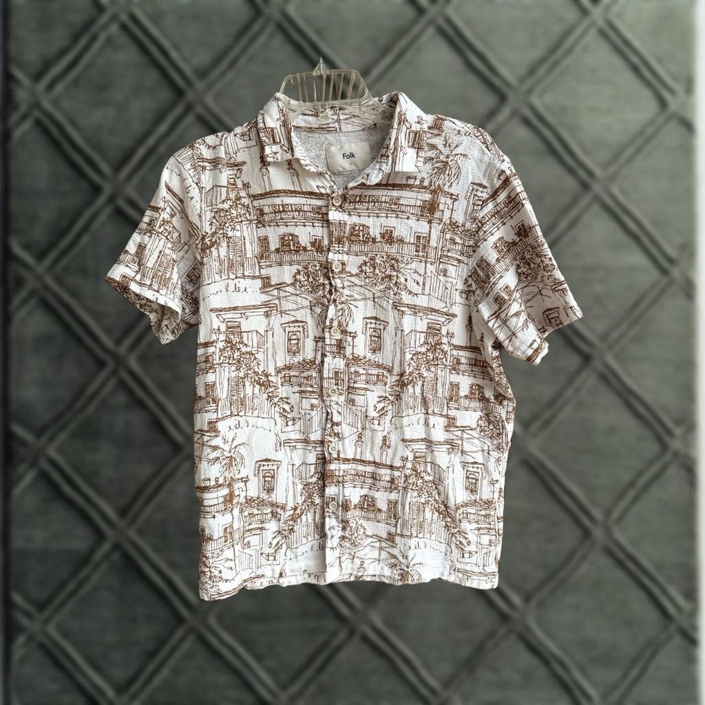 Vintage Folk Clothing Shirt Mens Short Sleeve Button-Up Cotton City Print Sz S Black/ Cream Urban Geometric 90s? Size US S / EU 44-46 / 1 - 1 Thumbnail