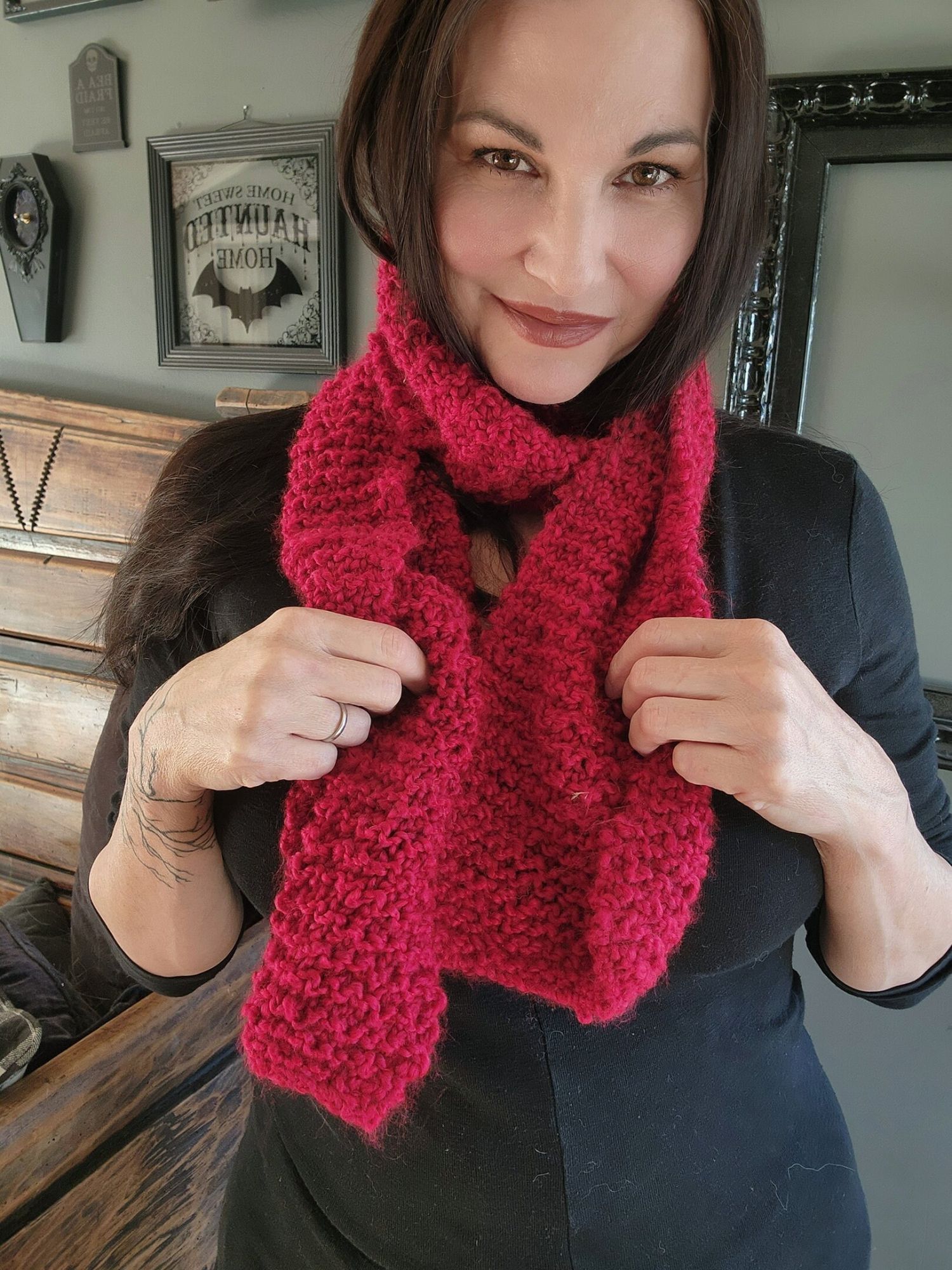 Handmade Knit Scarf, Chunky Red Boucle Yarn, "Crimson" OOAK One Of A Size ONE SIZE - 6 Thumbnail