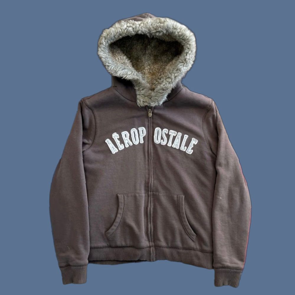 Aeropostale VINTAGE Aeropostale Hoodie Full Zip Women XL Brown Y2K Grunge Skate Cyber Faux Fur Lined Long Sleeve Regular Fit Sweatshirt Size XL / US 12-14 / IT 48-50 - 1 Thumbnail