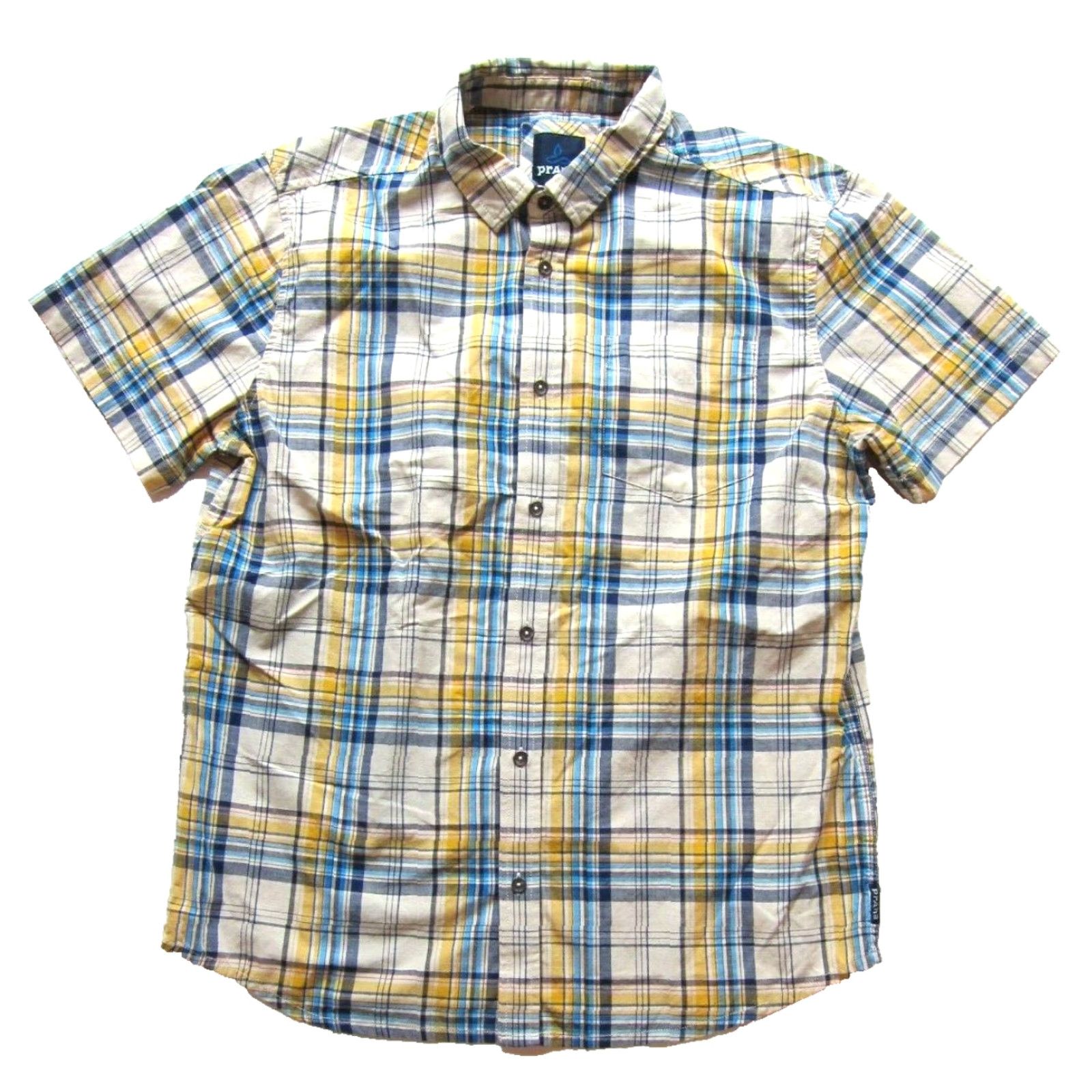 Prana VINTAGE PrAna Blue Yellow Ivory Plaid Organic Cotton Button Up Short Sleeve Shirt Men L Size US L / EU 52-54 / 3 - 2 Thumbnail
