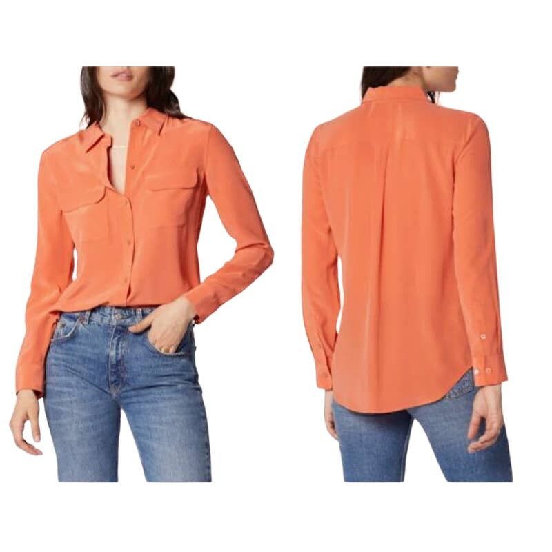 image of Equipment Femme 100% Silk Button Down Shirt Orange Small, Women's