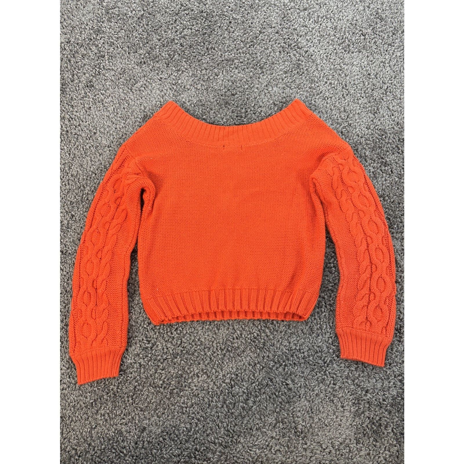 Vintage VINTAGE Poof Orange Cable Knit Boho Cropped Sweater Womens Large Knit Pullover Boat Neck 90s Size L / US 10 / IT 46 - 5 Thumbnail