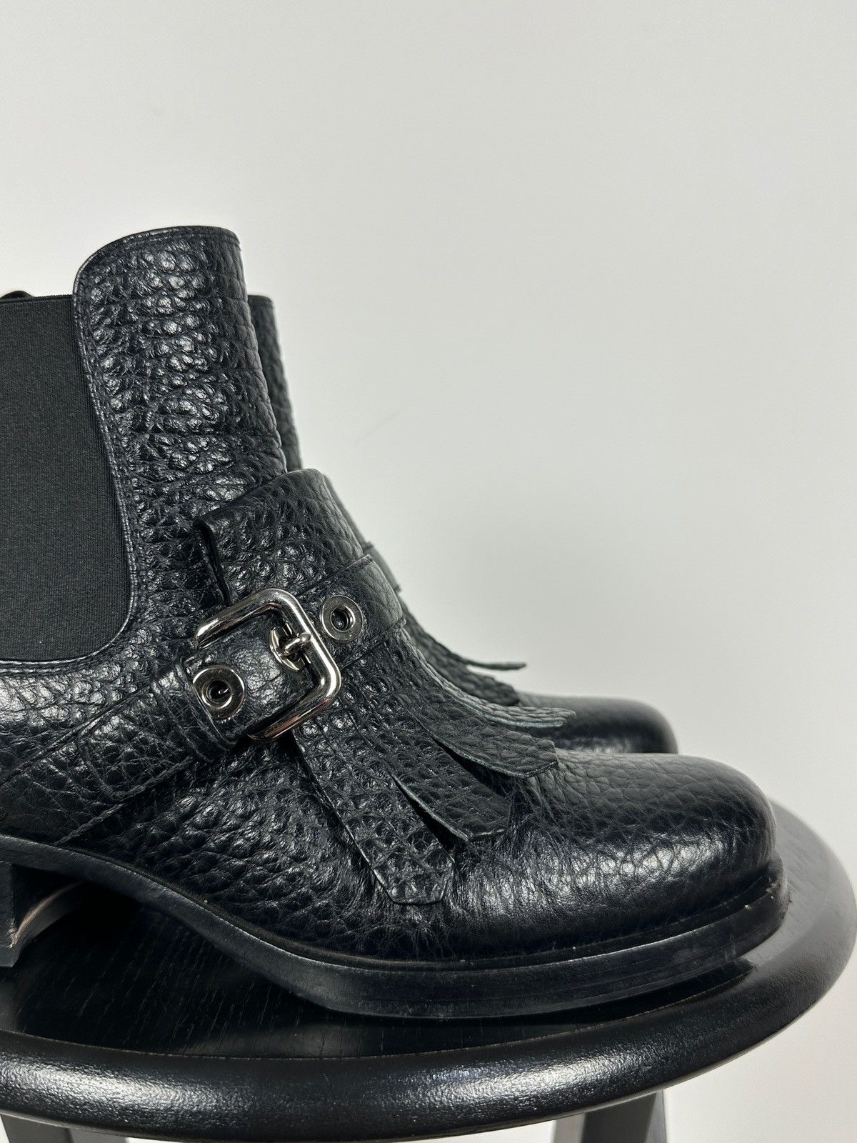 Prada Prada Black Leather Buckle Fringe Chelsea Ankle Boots Size US 6.5 / IT 36.5 - 15 Thumbnail