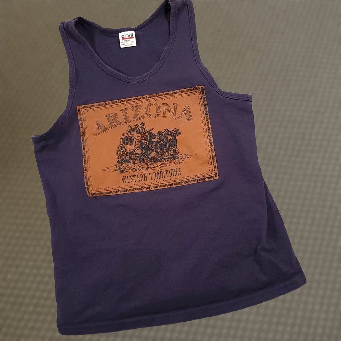 Anvil VINTAGE Anvil USA Made Arizona Shirt Western Traditions Sleeveless Crew Neck Blue Cotton T-Shirt Men M Medium Size US M / EU 48-50 / 2 - 1 Thumbnail