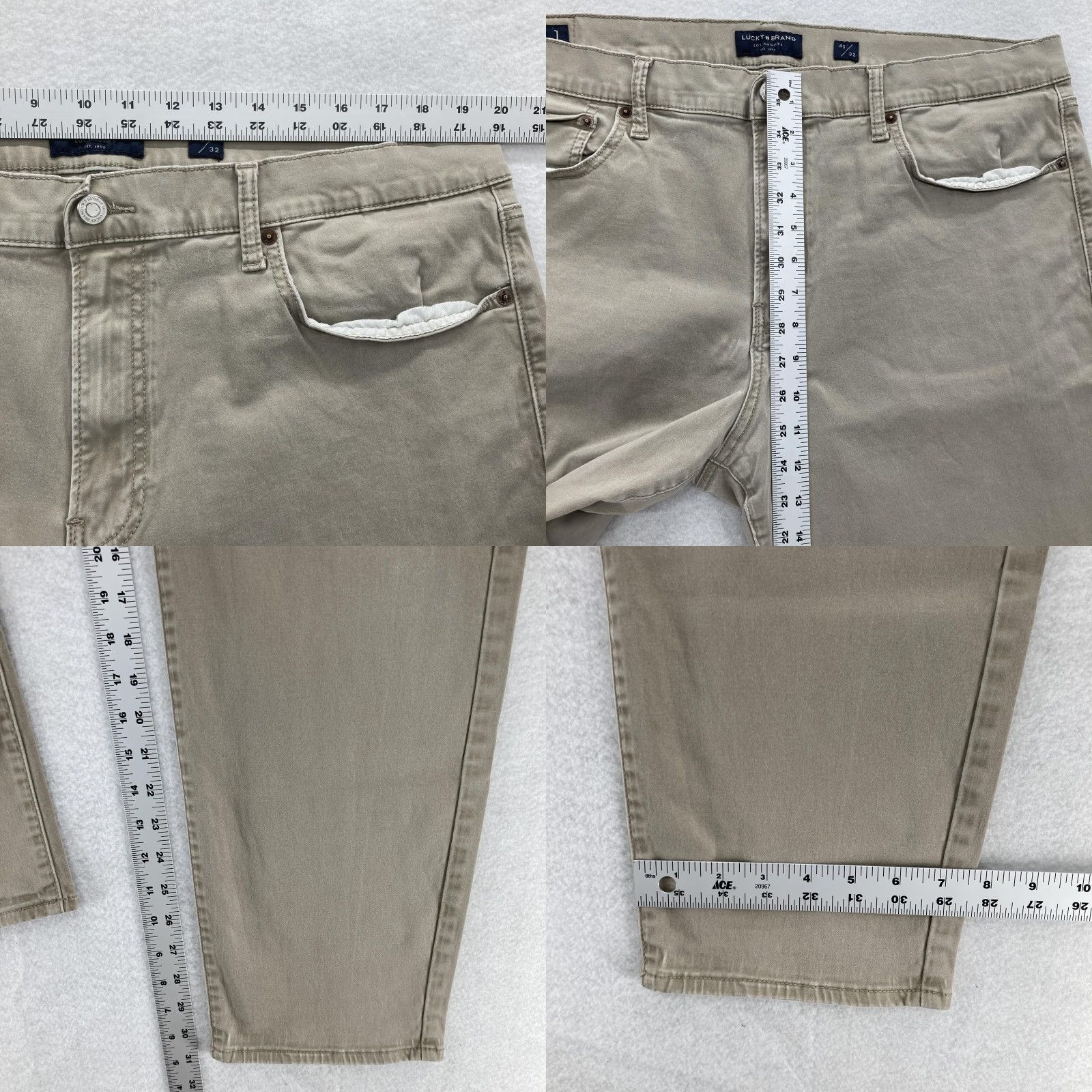 Lucky Brand Lucky Brand 121 Slim Straight Pants Mens 40x32 Beige Khaki Chino Casual Stretch Cotton Spandex Flat Front Pockets Zip Fly Leather Back Patch Mens Size US 40 / EU 56 - 8 Thumbnail