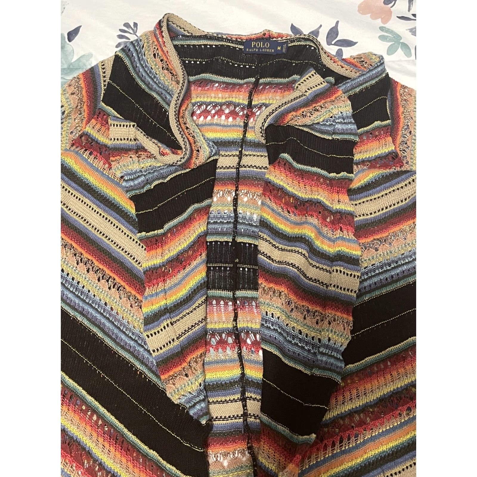 Ralph Lauren POLO RALPH LAUREN Serape Crochet Mulberry Silk Linen Sweater Cardigan Womens Medium Striped V-Neck Long Sleeve Southwest 90s Aztec Bohemian Designer Size M / US 6-8 / IT 42-44 - 4 Thumbnail