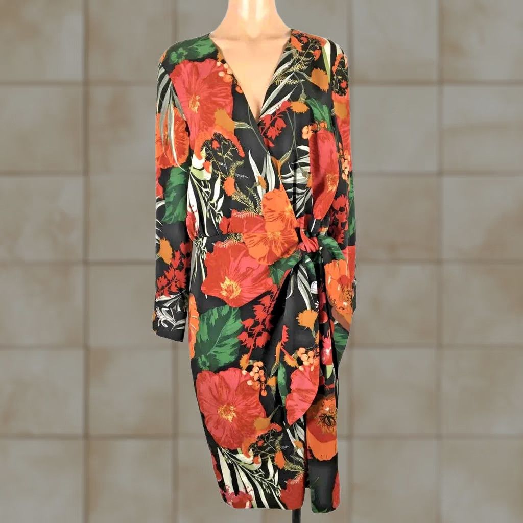 Vintage GIBSON + LATIMER Wrap Ruffle Dress Tropical Floral Cascade Lon Sleeve Size L Size L / US 10 / IT 46 - 1 Thumbnail