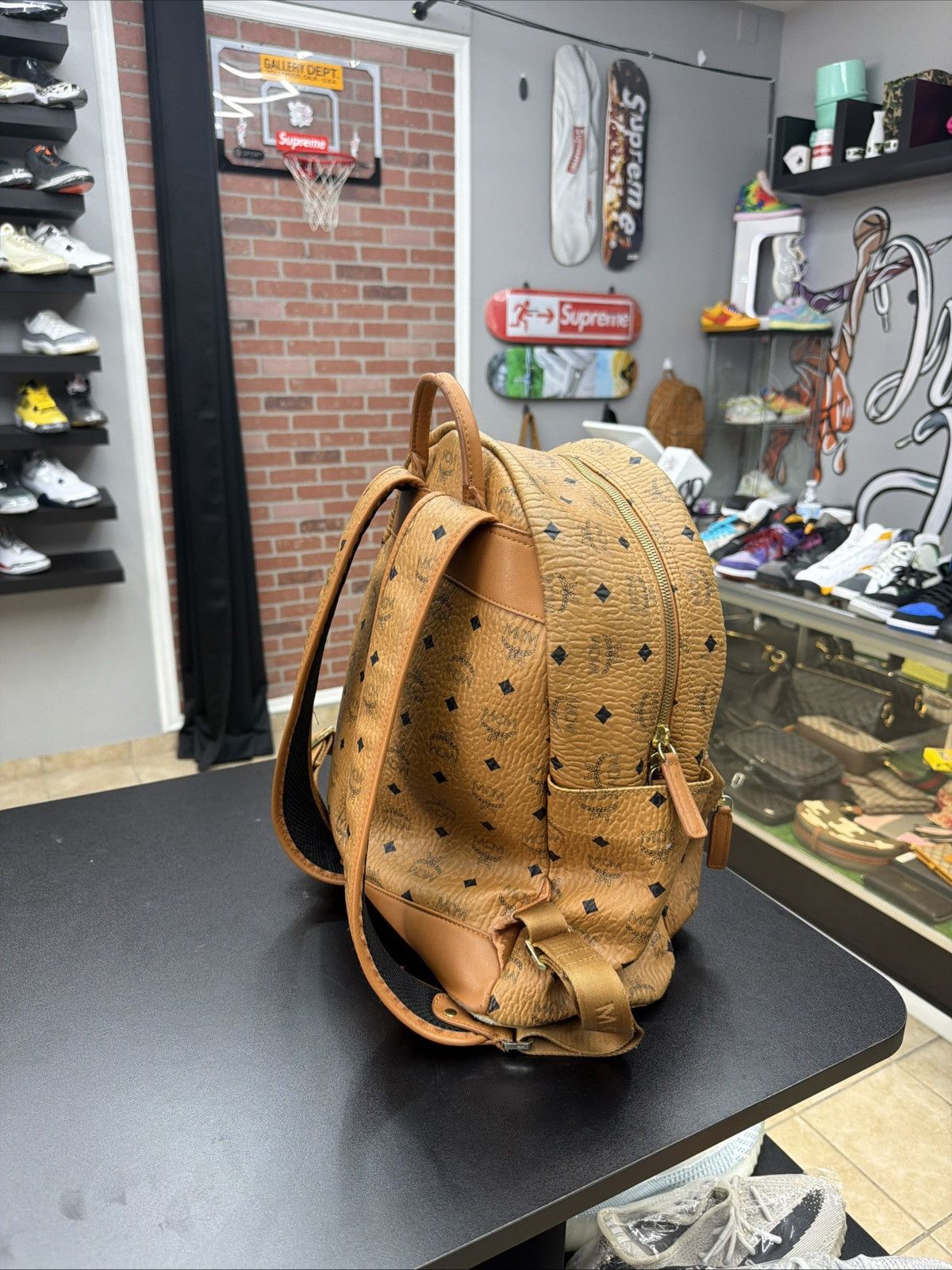 MCM MCM Visetos Medium Stark Logo Stripe Backpack Cognac Red Size ONE SIZE - 5 Thumbnail