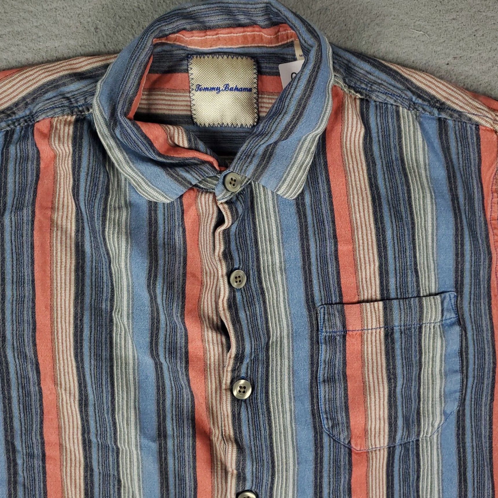Tommy Bahama Tommy Bahama Shirt Mens Small Blue Striped Silk Button-Up - Short Sleeve, Casual/Aloha, 90s/Beach Theme, Button-Front, Linen/Silk, Regular Fit Mens Size US S / EU 44-46 / 1 - 2 Thumbnail