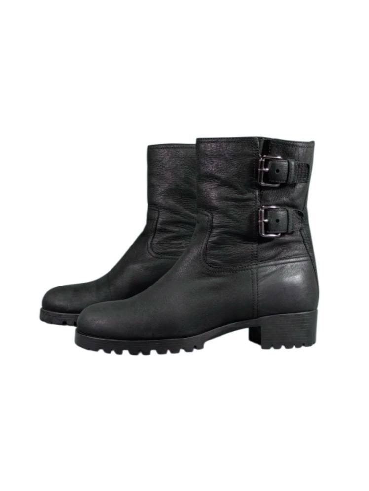 Prada black leather biker boots buckle high