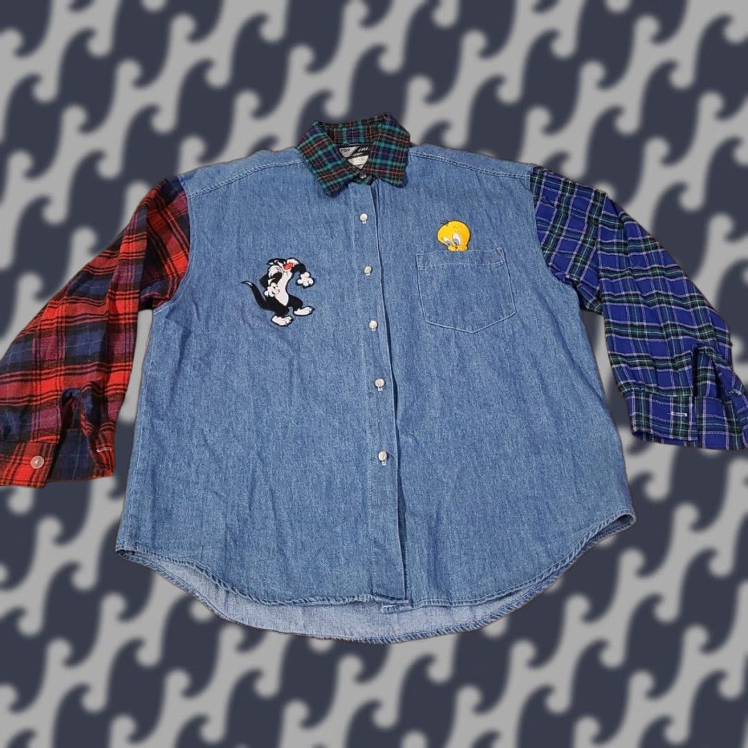 Denime VINTAGE Top Line USA Button-Up Shirt Denim Embroidered Plaid Long Sleeve M Womens Blue 100% Cotton USA 1992 Size M / US 6-8 / IT 42-44 - 1 Thumbnail