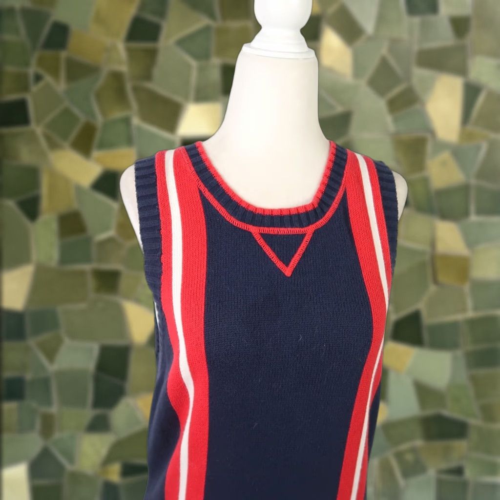 VINTAGE Tommy Hilfiger Sweater Dress Shirt Dress Knit 100% Cotton Navy Red Striped L Womens