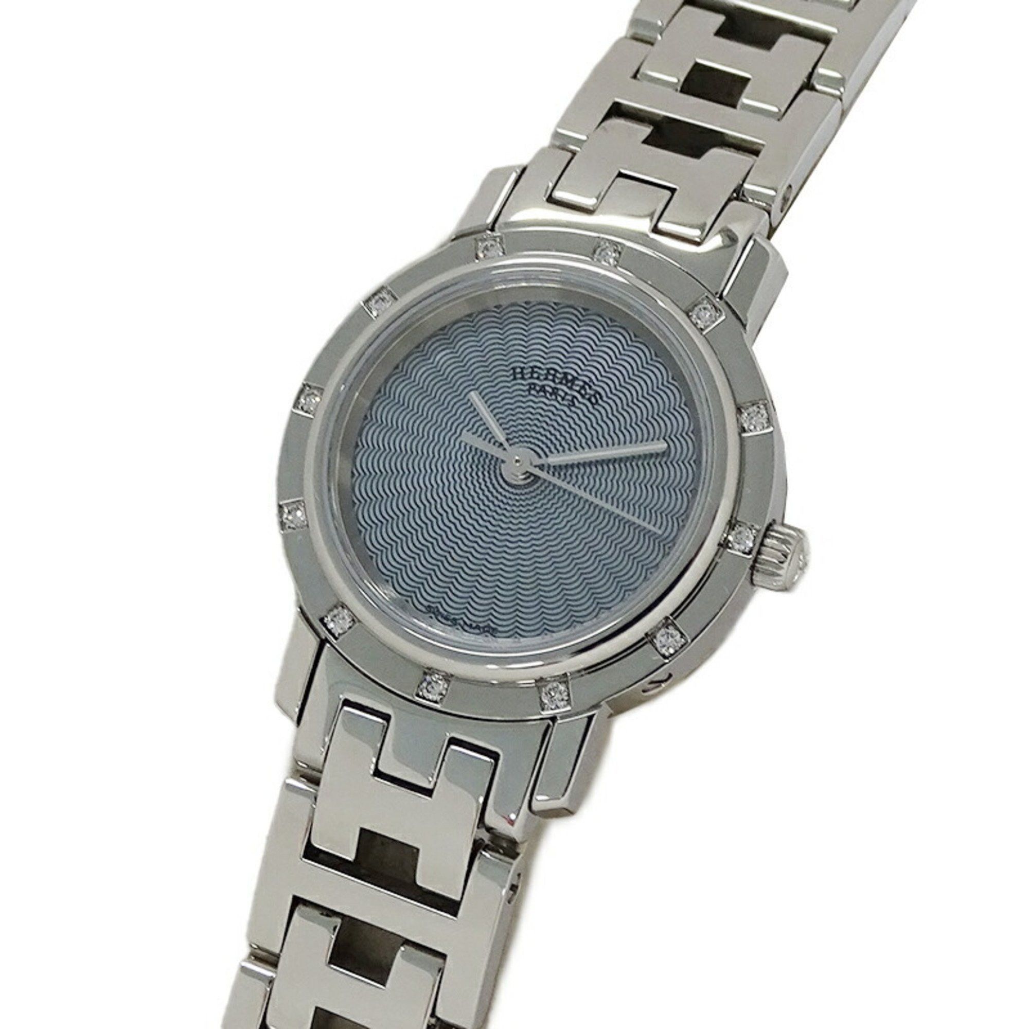 Hermes Watch Ladies Clipper Nacle Shell 12P Diamond Quartz Stainless Steel Ss Cl4.230 Silver Polished, Women's
