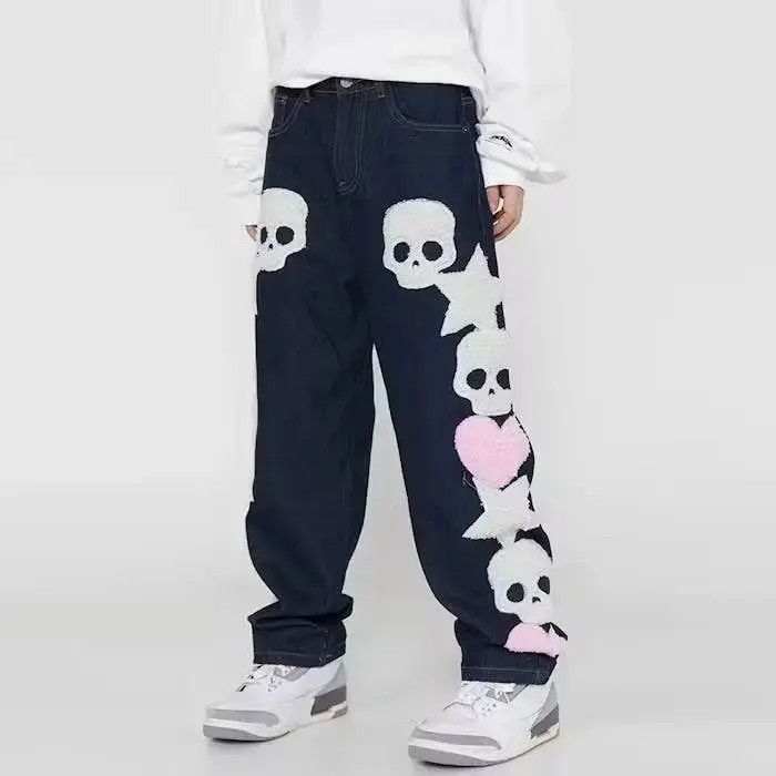 Japanese Brand Dark Blue Color Skull and Five Stars Embroidery Ripped Jeans Size US 32 / EU 48 - 1 Thumbnail
