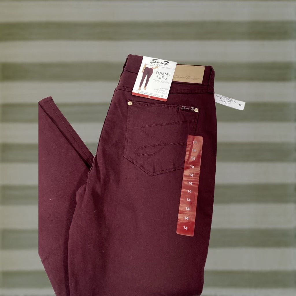 Vintage Seven7 Tummy Less Skinny Jeans Women 14 32X31 Maroon Denim High Rise Stretch NWT Jeans Women Size 36" / US 14 / IT 50 - 1 Thumbnail