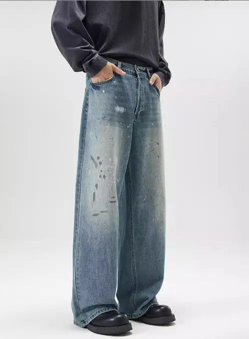 Japanese Brand Riho Ink splash trend loose straight ice blue jeans for men Size US 32 / EU 48 - 4 Thumbnail