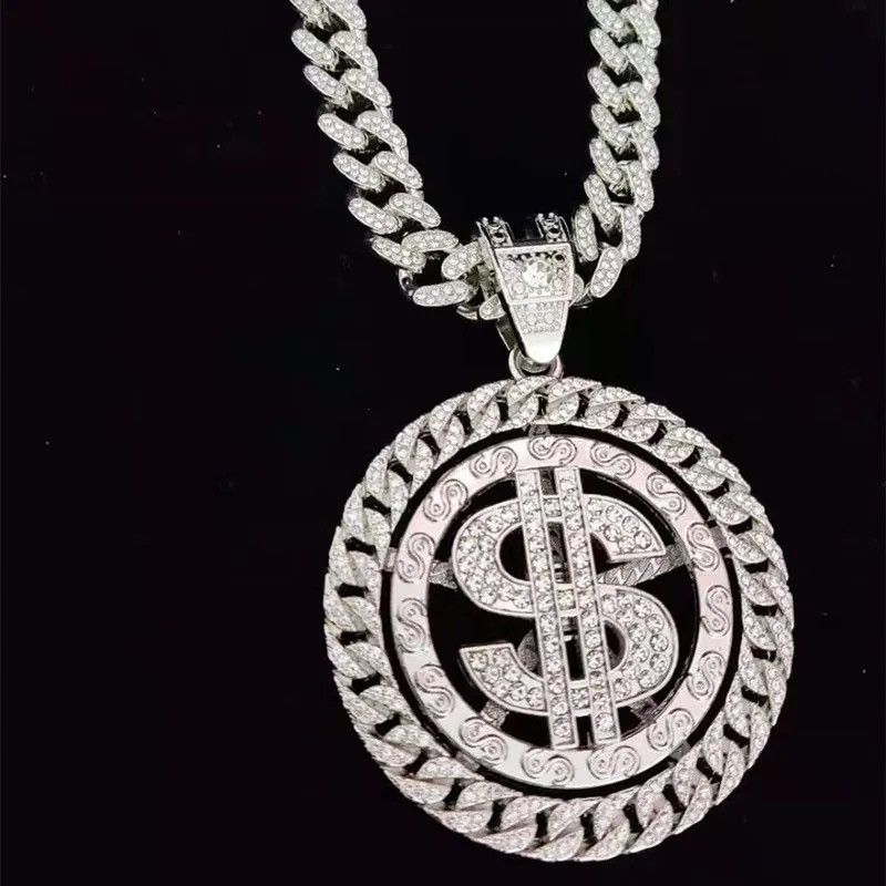 Jewelry Iced out Bling Rotatable Dollar Pendant Necklace 13mm Width Size ONE SIZE - 2 Thumbnail