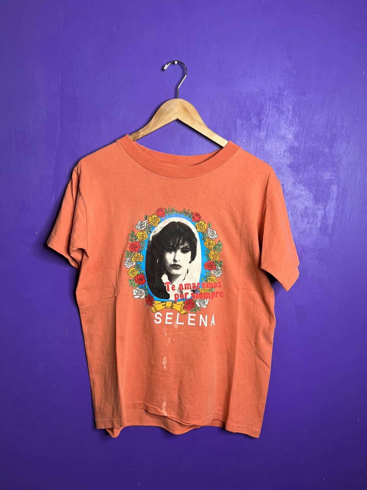image of Made In USA x Vintage 90's Selena Te Amaremos Bleach Faded T-Shirt in Orange, Men's (Size Small)