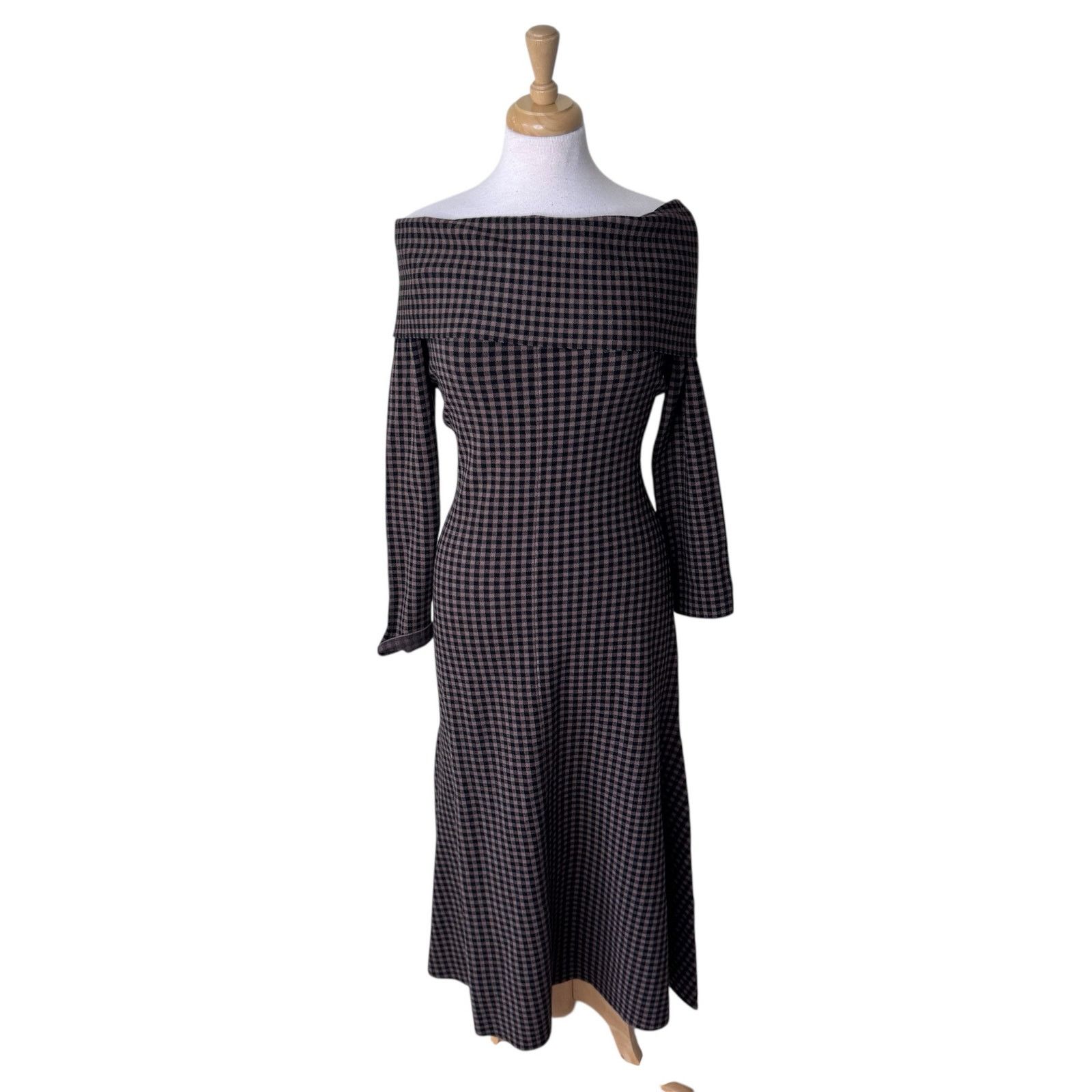 Other LE BOP Gingham Knit Off Shoulder Dress Chocolate/Black Size L / US 10 / IT 46 - 3 Thumbnail