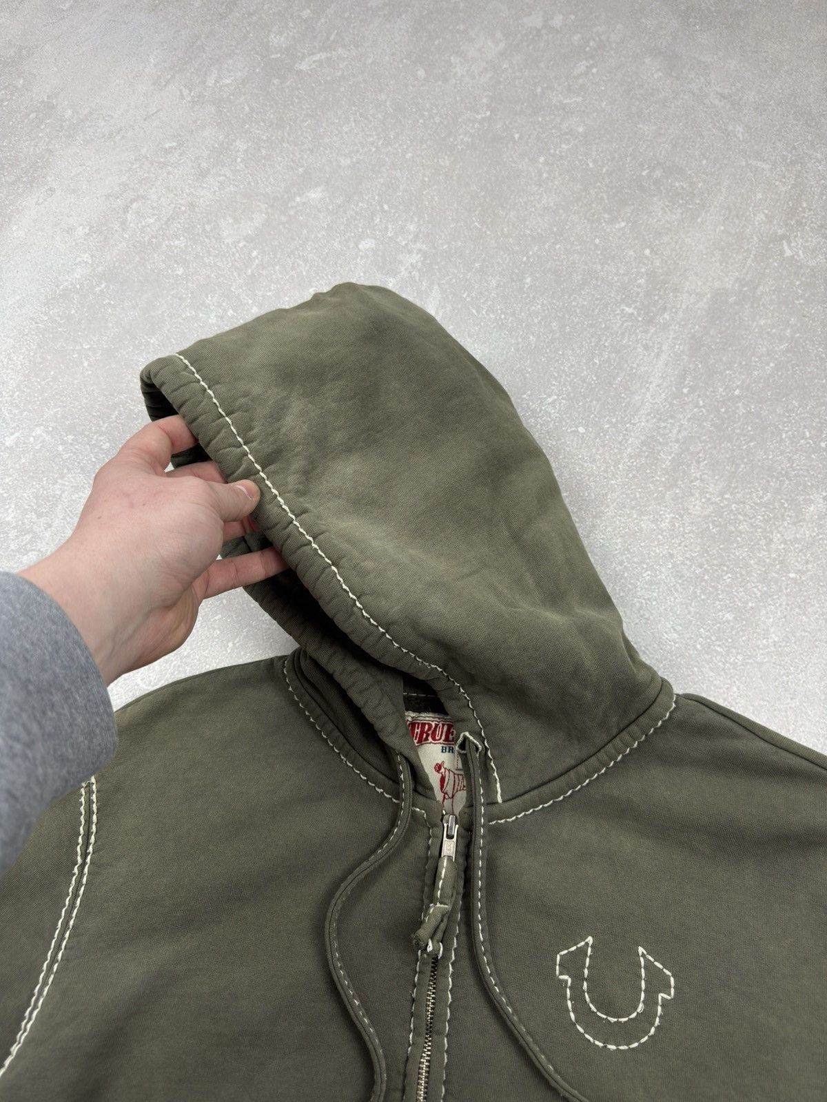 True Religion Vintage True Religion Zip Hoodie Big-T Khaki Washed Destroye Size US L / EU 52-54 / 3 - 15 Thumbnail