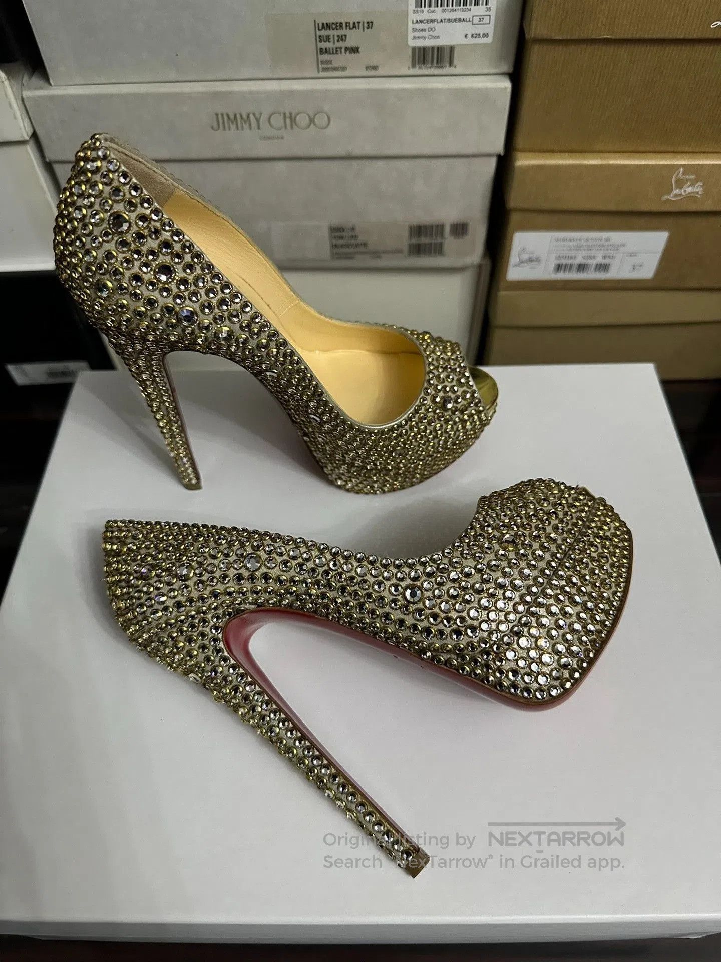 Christian Louboutin Christian Louboutin Gold Crystal Heels. Size US 4 / IT 34 - 1 Thumbnail