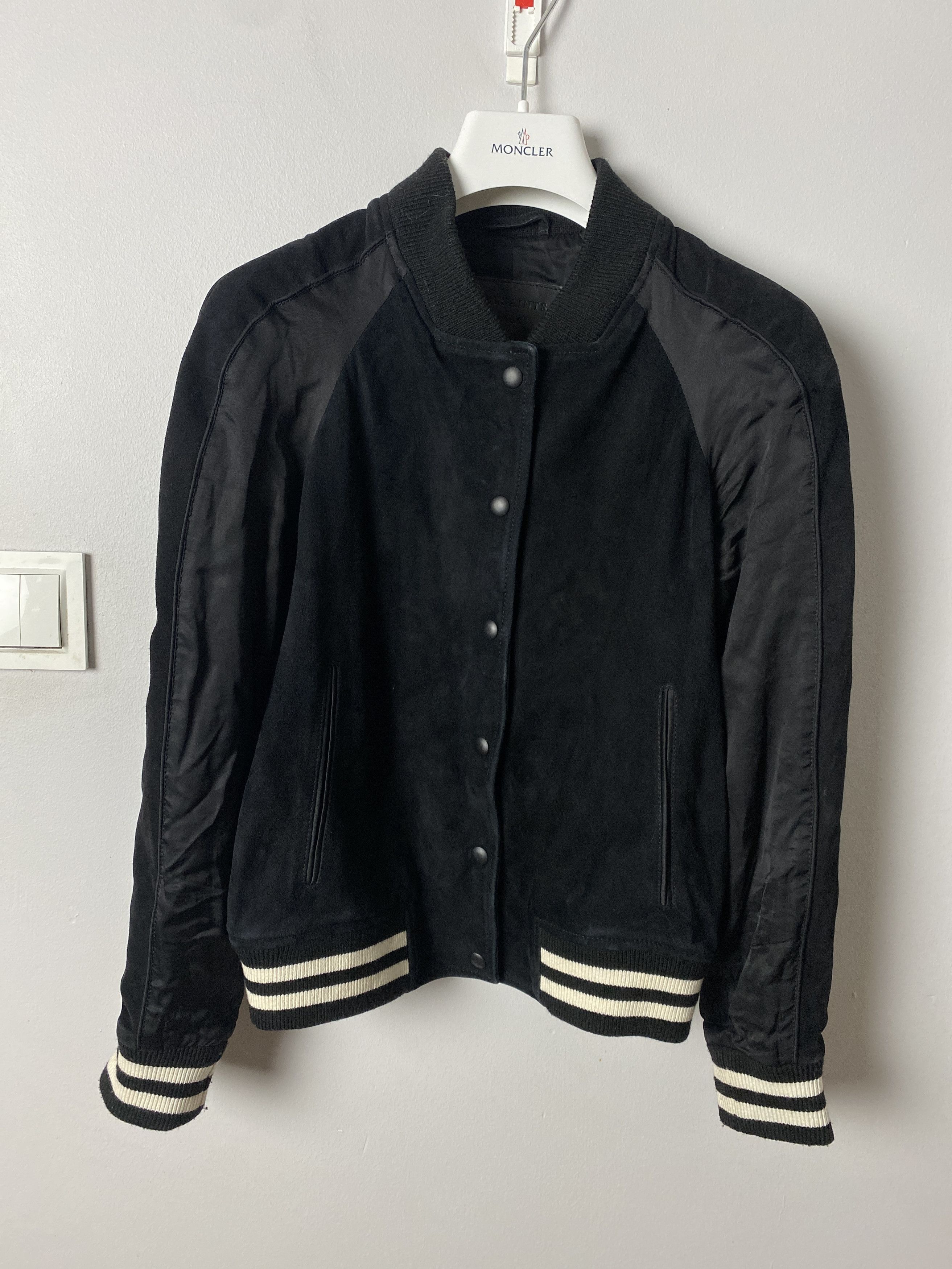 image of Allsaints Gressley Bomber Goat Suede Varsity Jacket in Black, Women's (Size Small)