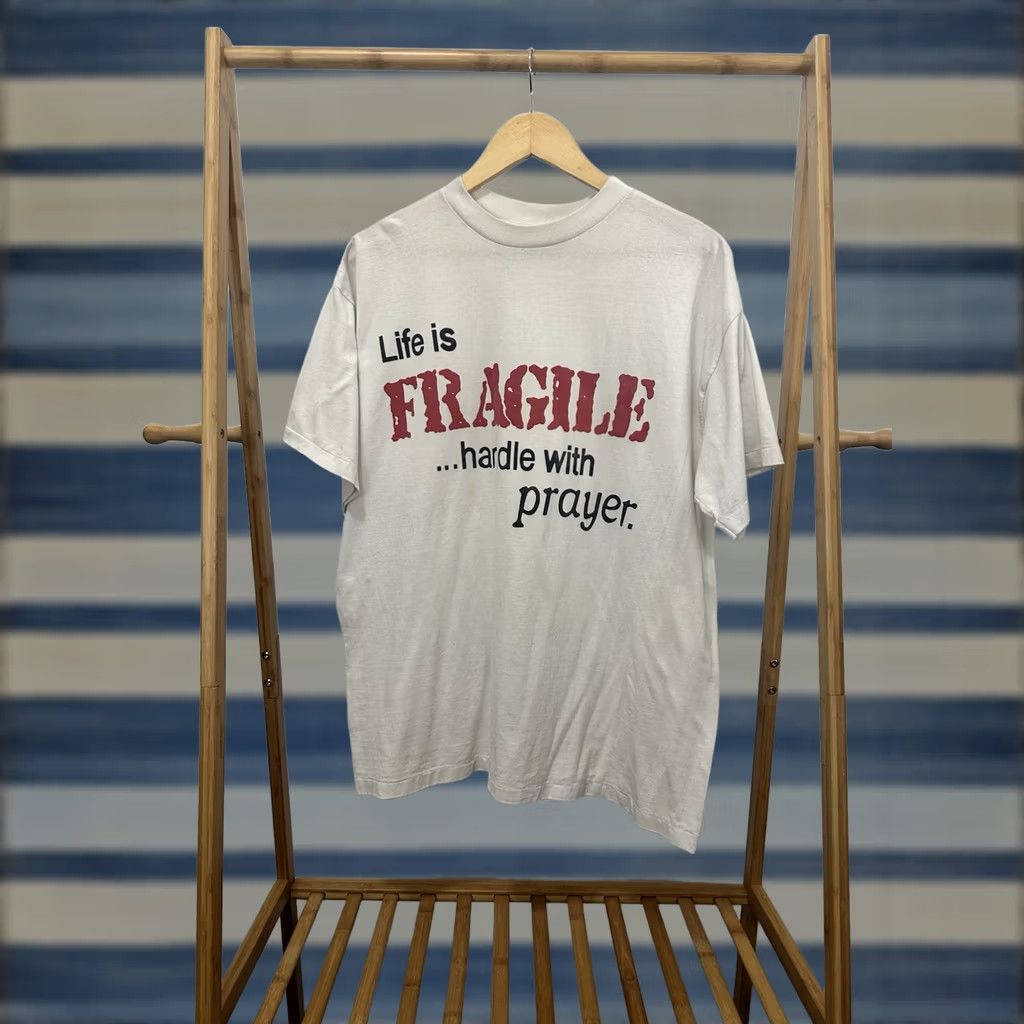 Vintage VINTAGE Life Is FRAGILE T-Shirt XL White Christian Religion Worn Mens Size US XL / EU 56 / 4 - 1 Thumbnail