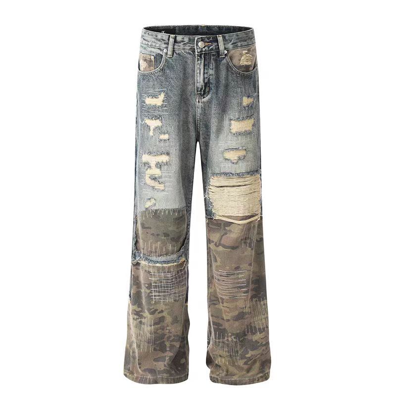 Japanese Brand × Jean Vintage patchwork camouflage ripped straight leg jeans Size US 30 / EU 46 - 5 Thumbnail