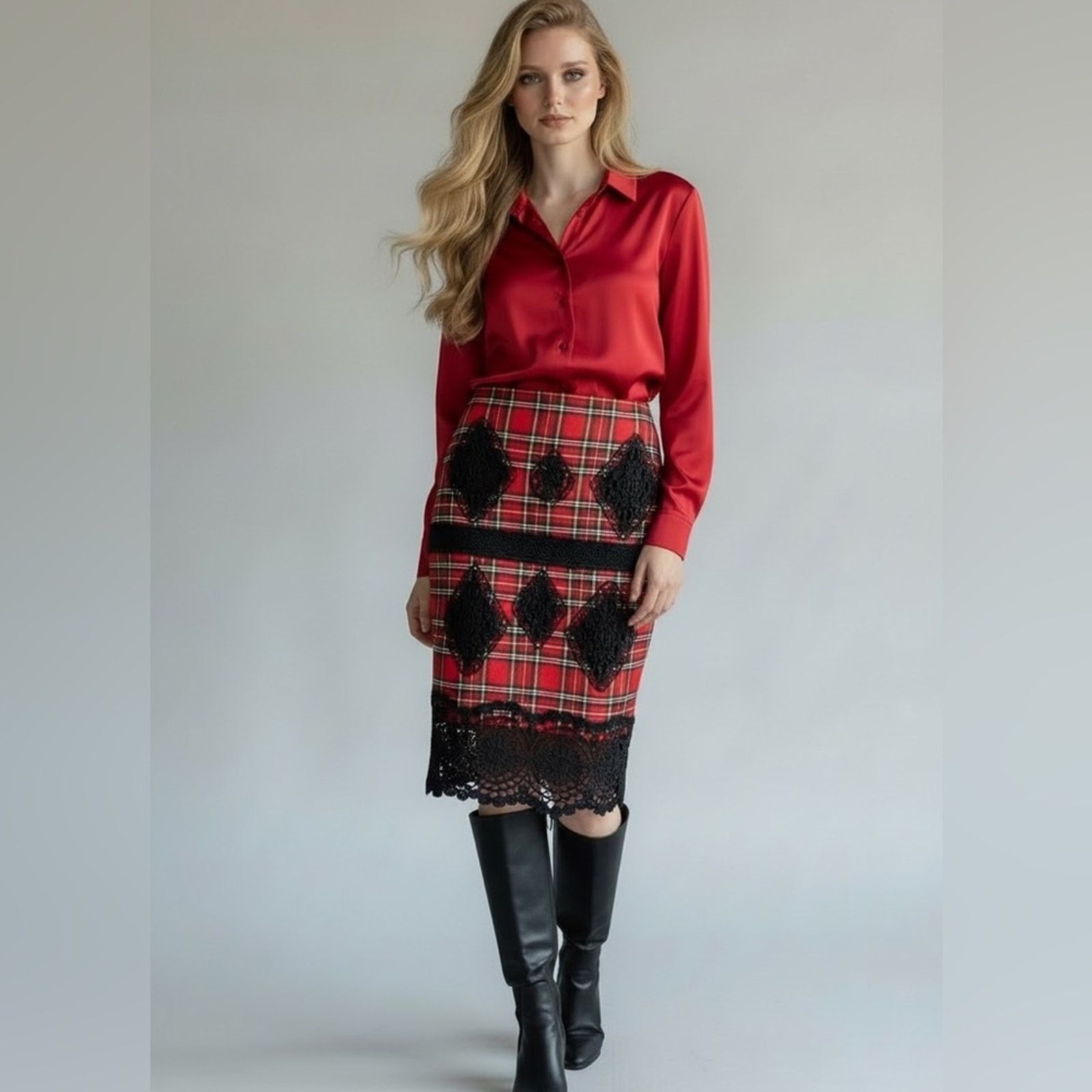 Other Endless Rose Red Plaid Pencil Skirt Crochet Appliqué Medium Size 28" / US 6 / IT 42 - 1 Thumbnail