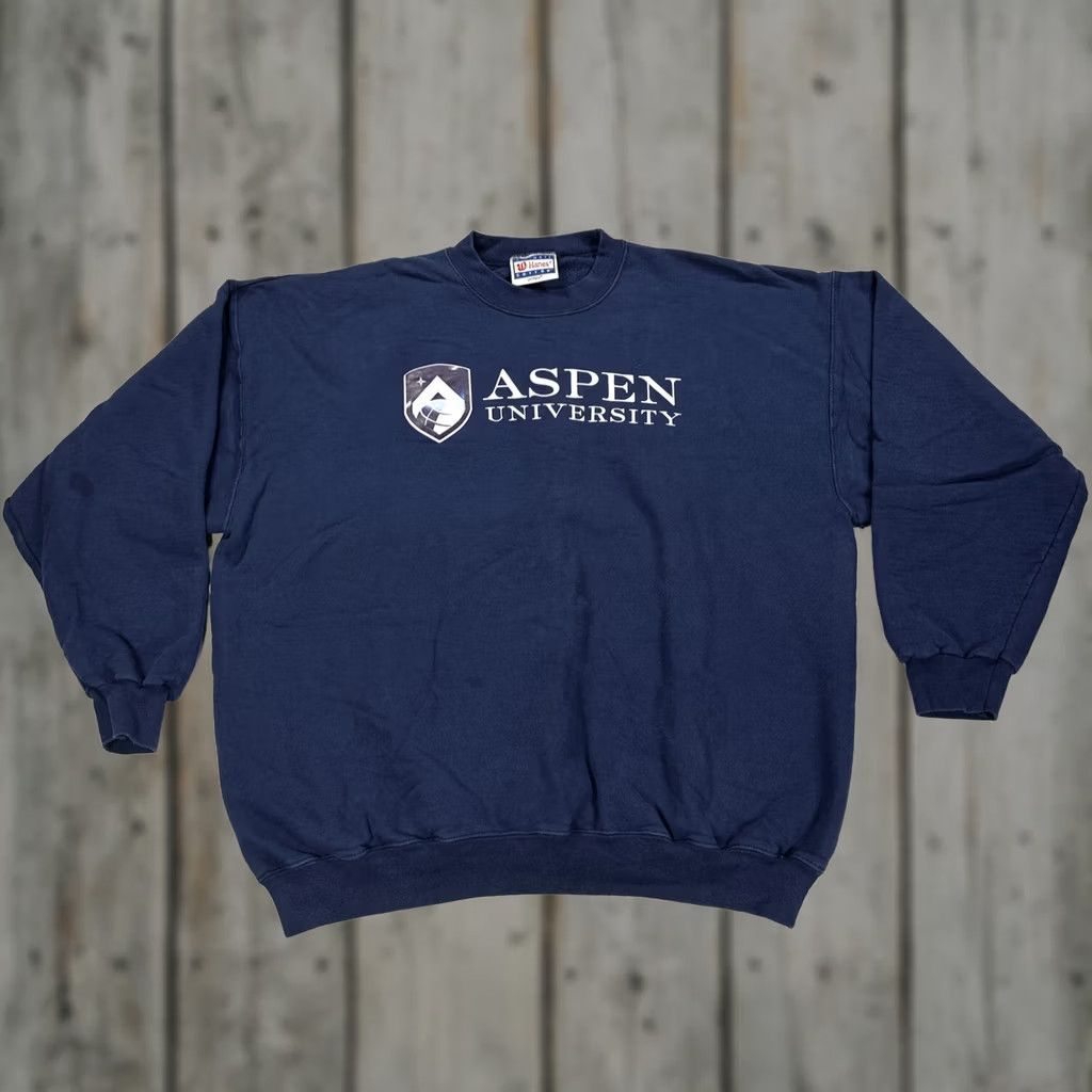 Hanes VINTAGE Hanes XL Aspen University Sweatshirt 90s Blue Cotton Logo Embroidered Crew Neck Pullover UNISEX Adults Mens Womens Size US XL / EU 56 / 4 - 1 Thumbnail