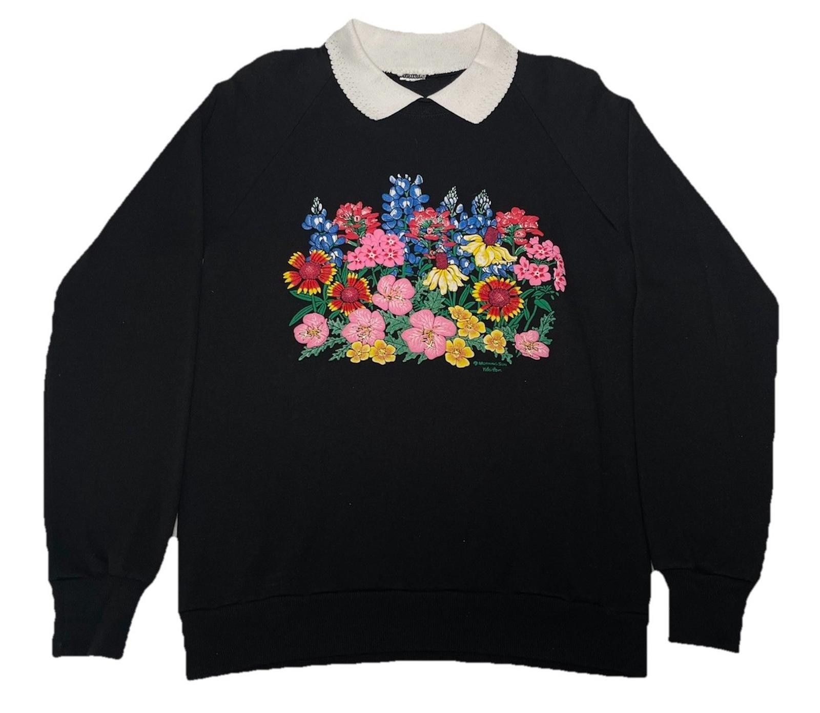Jerzees 1990s Morning Sun Floral Flower Black Collared Crewneck L Size L / US 10 / IT 46 - 1 Thumbnail